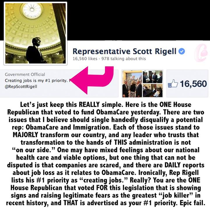 Scott Rigell, 2d District of Virginia. That's Tidewater and Eastern Shore. For all of my friends in that area, please remember this RINO as the guy to NOT vote for next election. He is the ONLY Republican to vote to fund Obamacare....