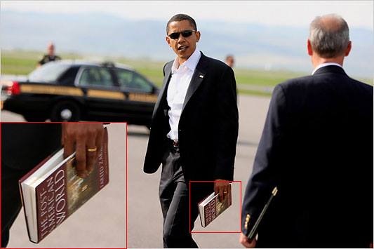 For those of you who amazingly believe that King Hussein has nothing but a pro-American agenda, this photo of candidate Obama carrying (and presumably reading) the best-selling book, The Post-American World, was shot by Doug Mills of the New York Times in Bozeman, Montana, in May 2008....